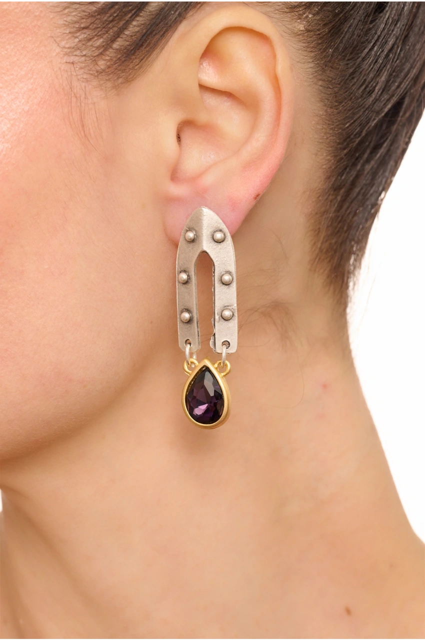 Kiraz Purple Crystal Stoned Silver And Gold Plated Earring