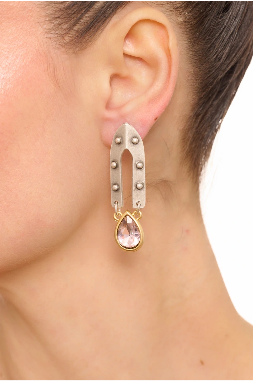 Kiraz Pink Crystal Stoned Silver And Gold Plated Earring