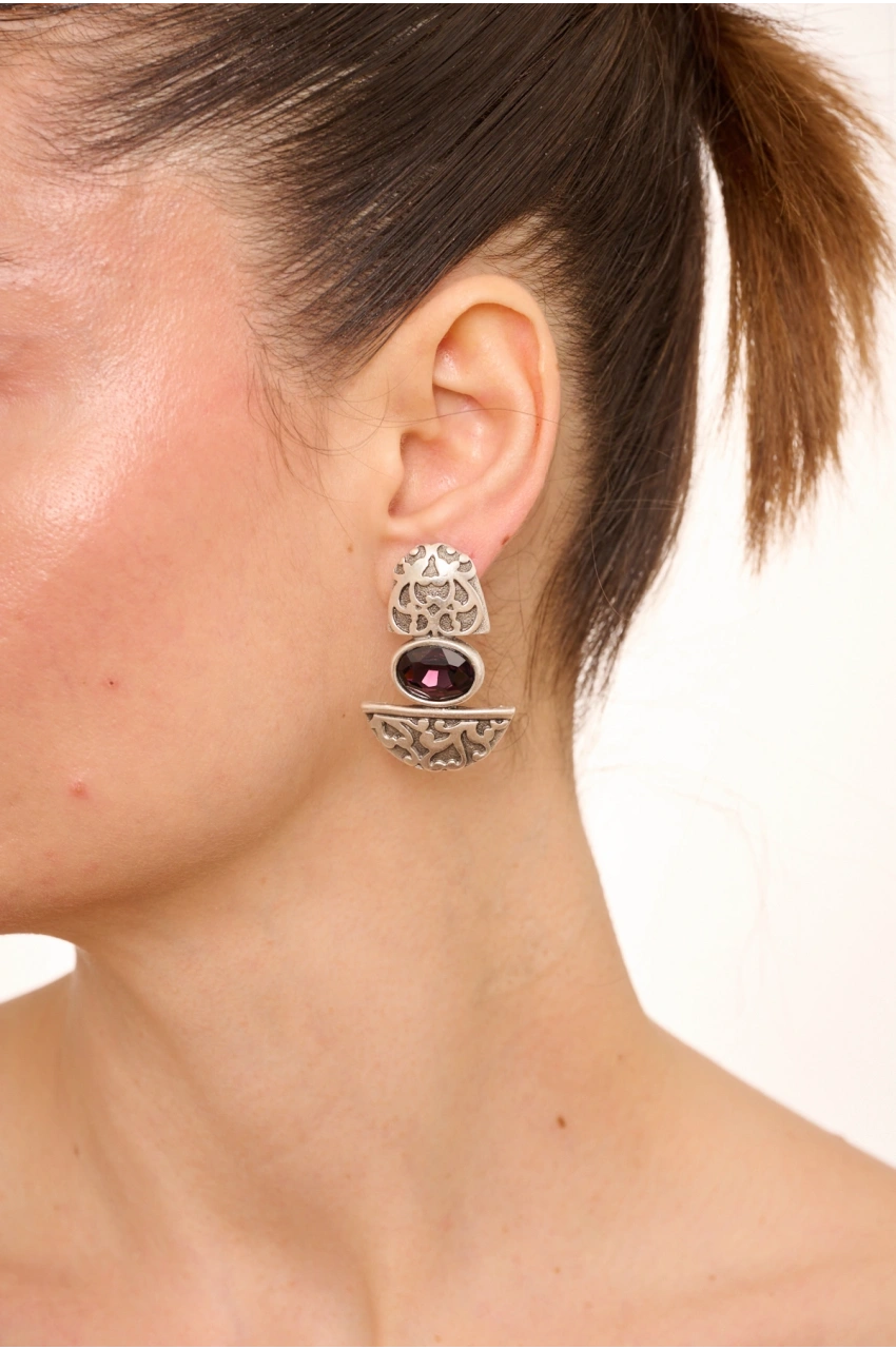 Kiraz Purple Crystal Stoned Silver Plated Earring