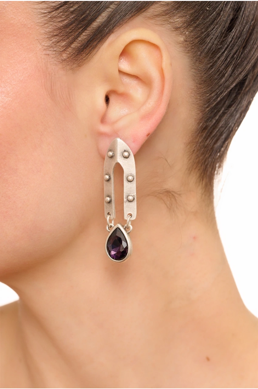 Kiraz Purple Crystal Stoned Silver Plated Earring