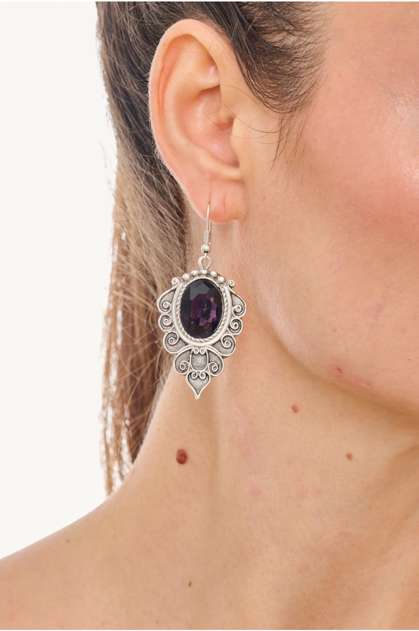 Kiraz Purple Crystal Stoned Silver Plated Earring