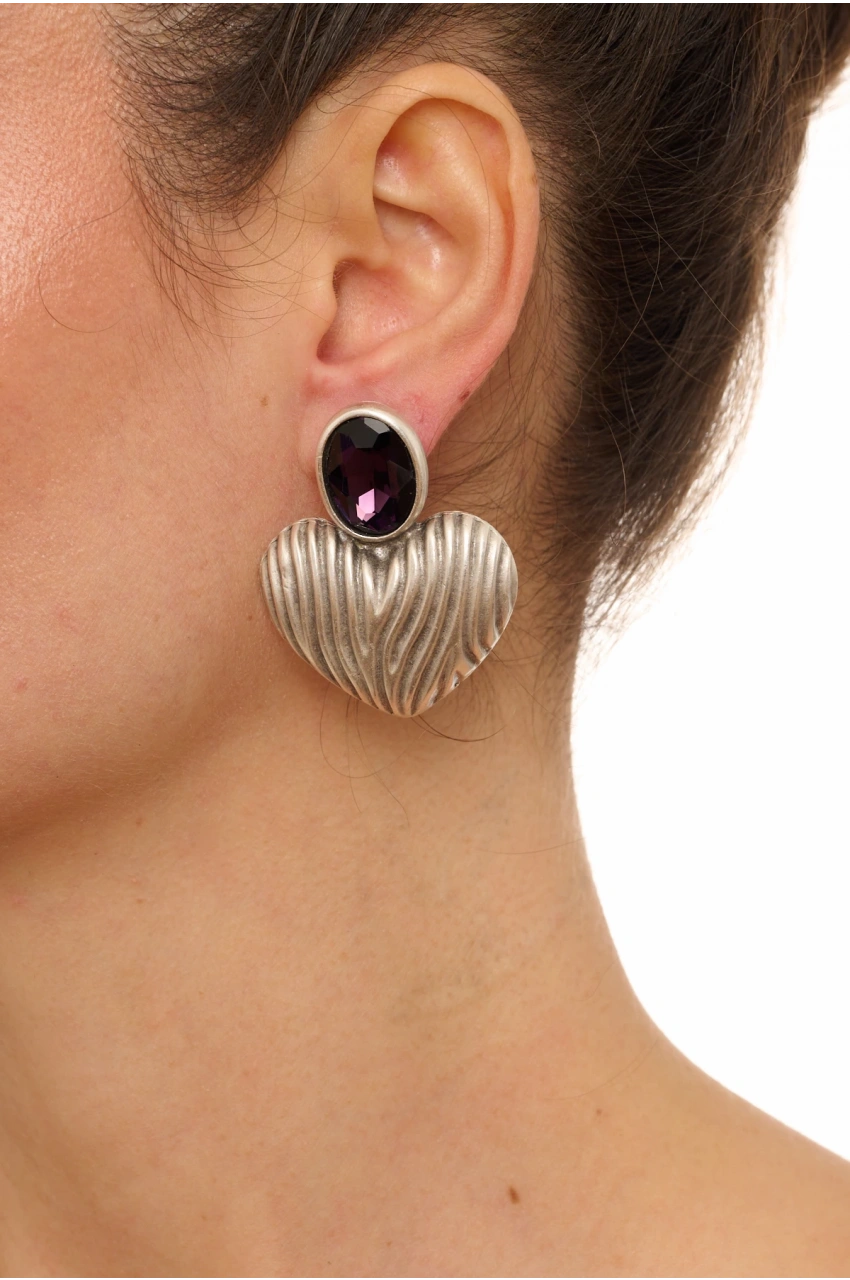 Kiraz Purple Crystal Stoned Silver Plated Heart Earring