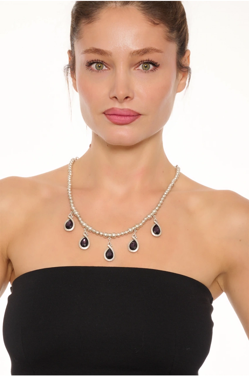 Kiraz Purple Crystal Stoned Silver Plated Necklace