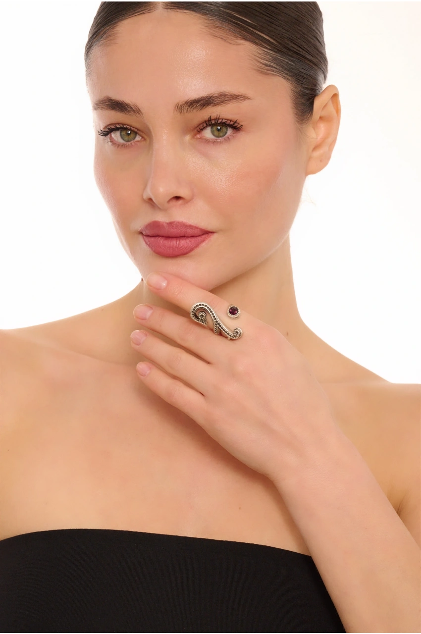 Kiraz Purple Crystal Stoned Silver Plated Ring