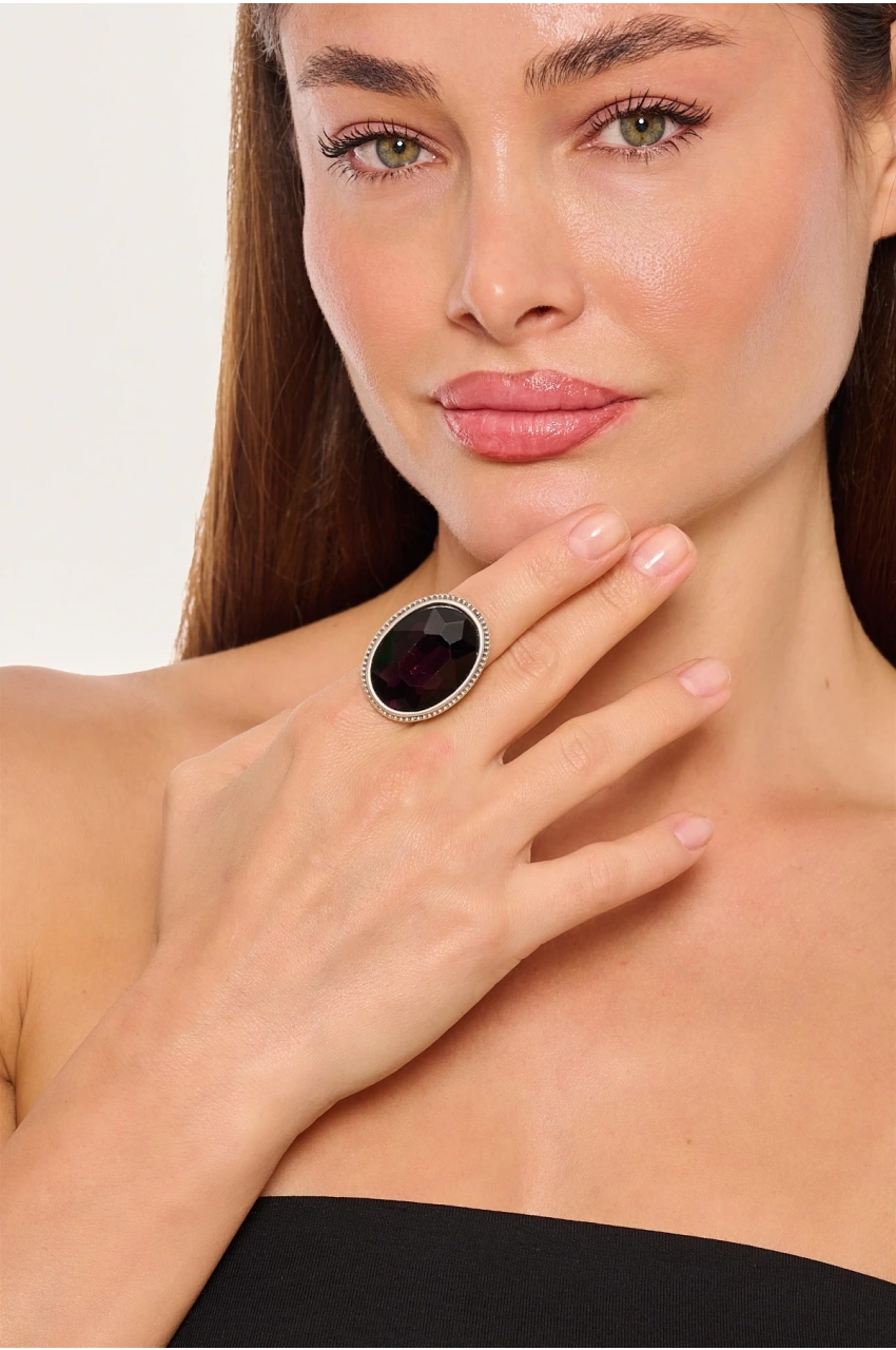 Kiraz Purple Crystal Stoned Silver Plated Ring