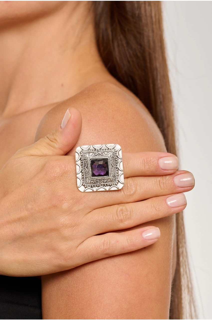 Kiraz Purple Crystal Stoned Silver Plated Ring
