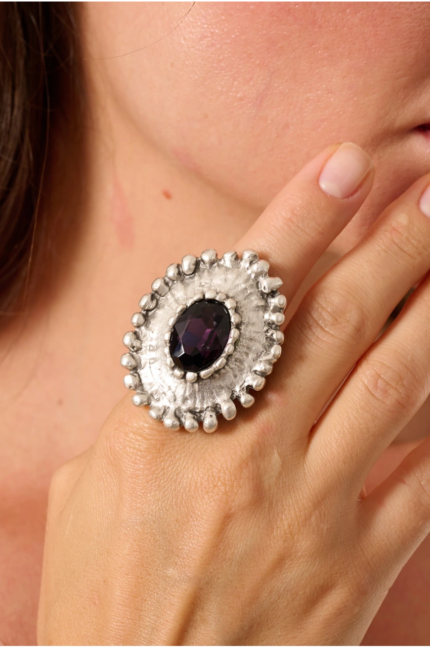 Kiraz Purple Crystal Stoned Silver Plated Ring