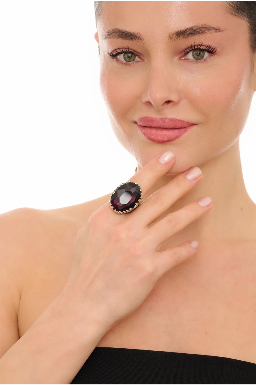 Kiraz Purple Crystal Stoned Silver Plated Ring