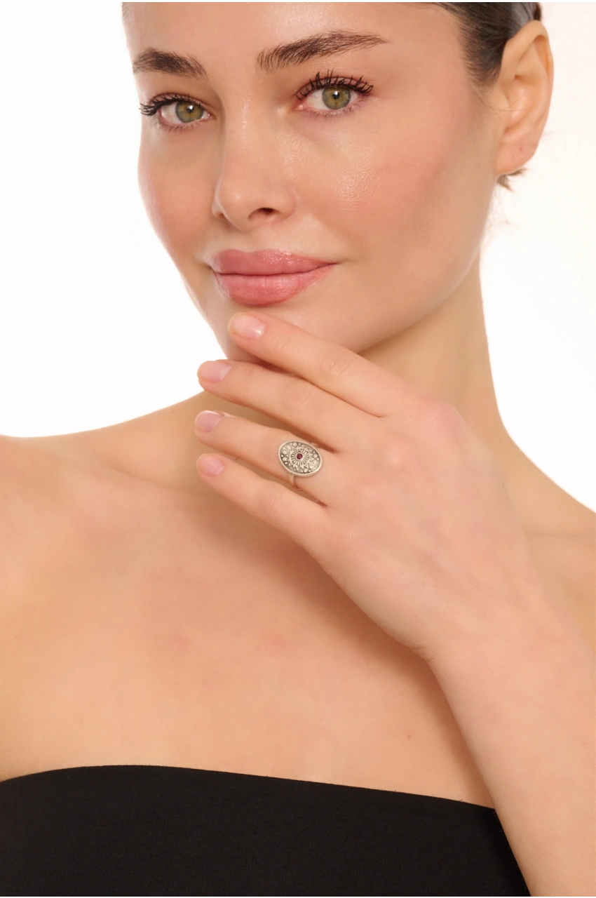 Kiraz Purple Crystal Stoned Silver Plated Ring