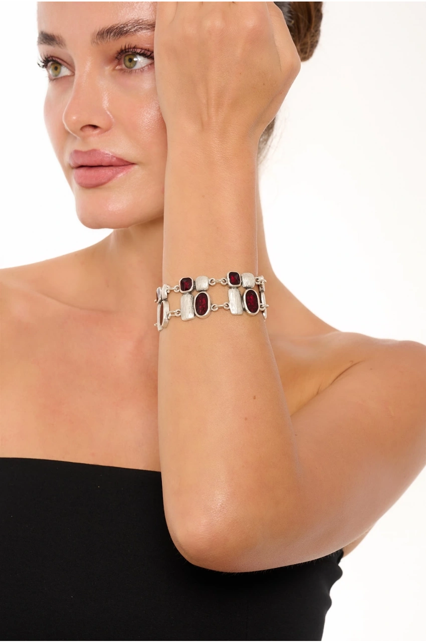 Kiraz Burgundy Enameled Silver Plated Bracelet