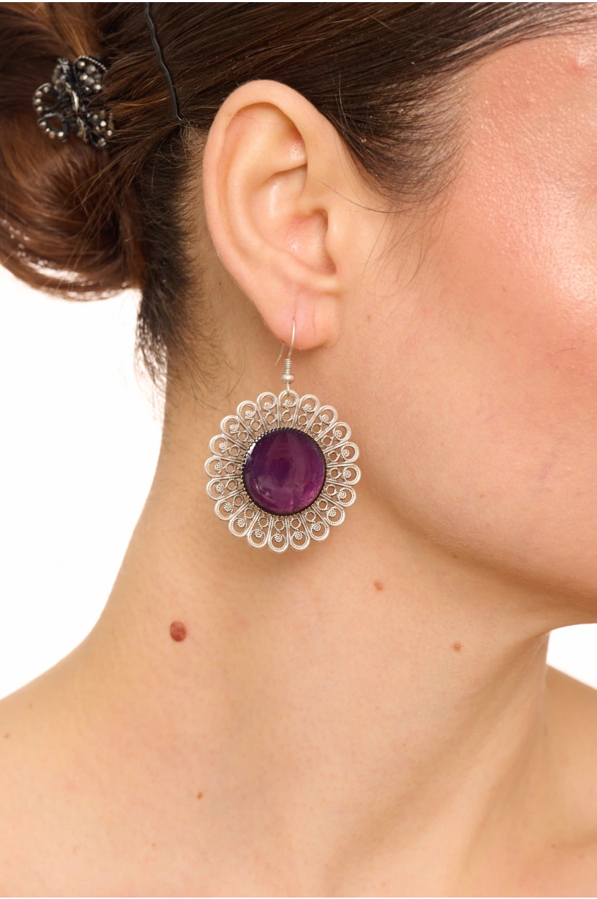 Kiraz Purple Enameled Silver Plated Earring