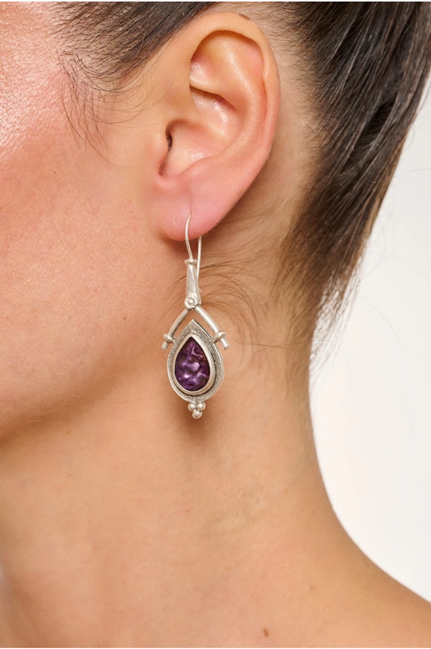 Kiraz Purple Enameled Silver Plated Earring