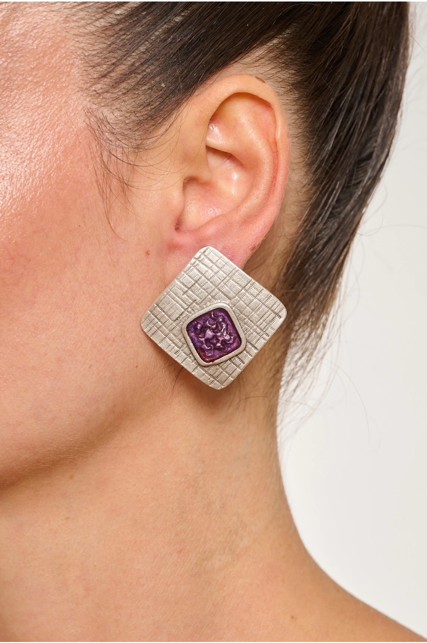 Kiraz Purple Enameled Silver Plated Earring