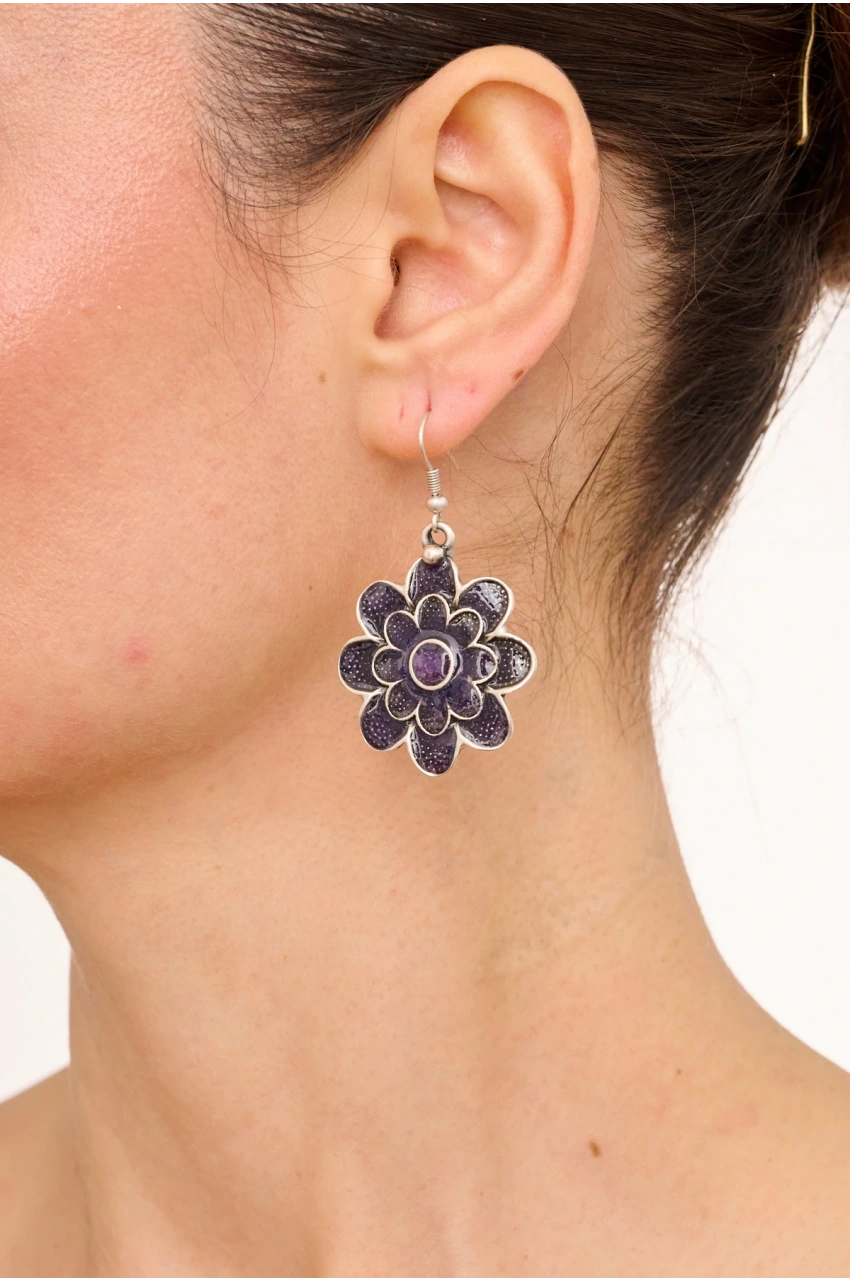 Kiraz Purple Enameled Silver Plated Flower Earring