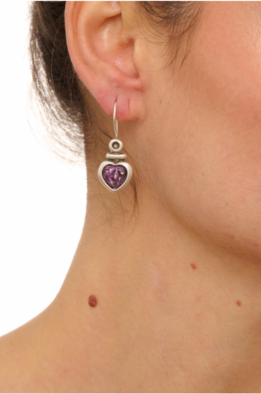 Kiraz Purple Enameled Silver Plated Heart Earring