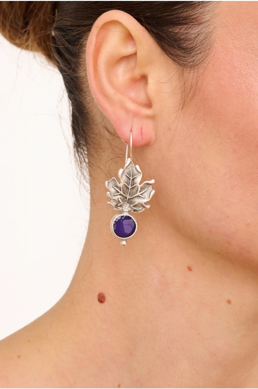Kiraz Purple Enameled Silver Plated Leaf Earring