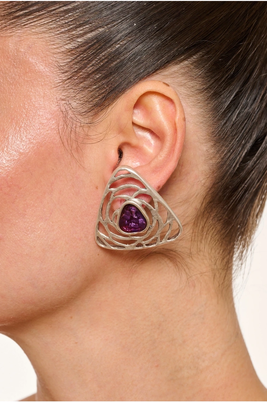 Kiraz Purple Enameled Silver Plated Triangle Earring