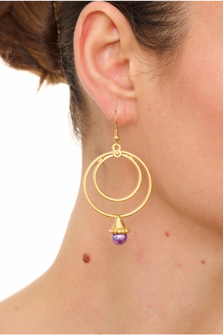 Kiraz Purple Pearl Stoned Gold Plated Earring