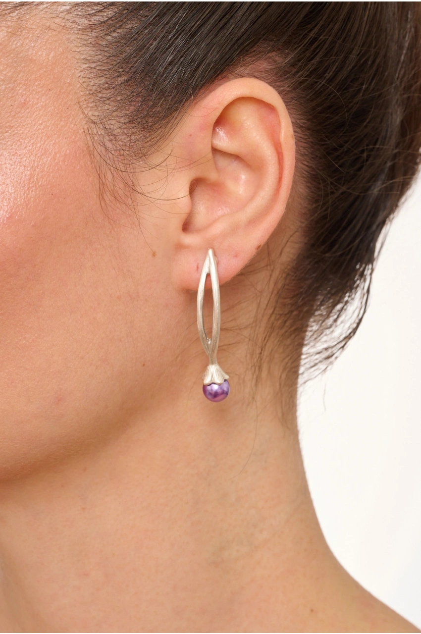 Kiraz Purple Pearl Stoned Silver Plated Earring