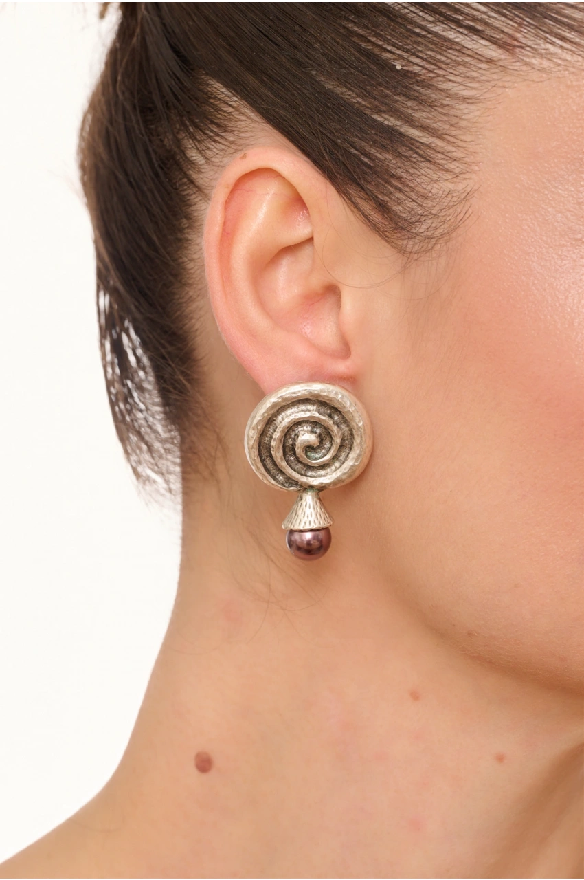 Kiraz Plum Pearl Stoned Silver Plated Earring