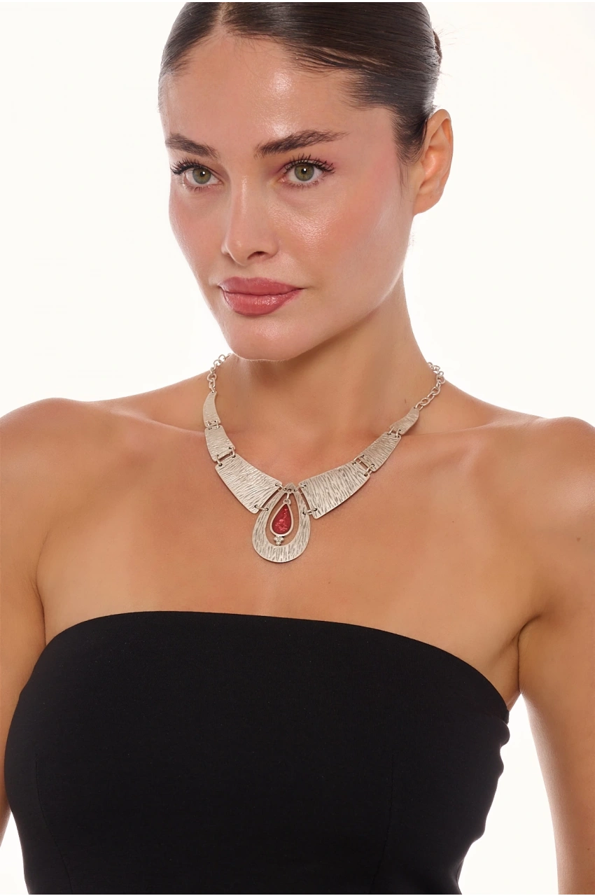 Kiraz Burgundy Enameled Silver Plated Necklace