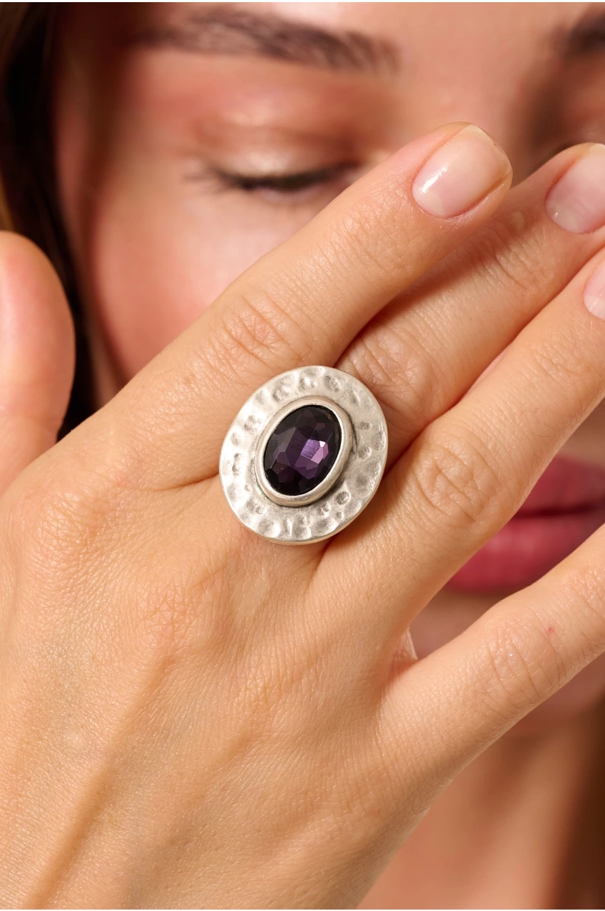 Kiraz Purple Crystal Stoned Silver Plated Ring