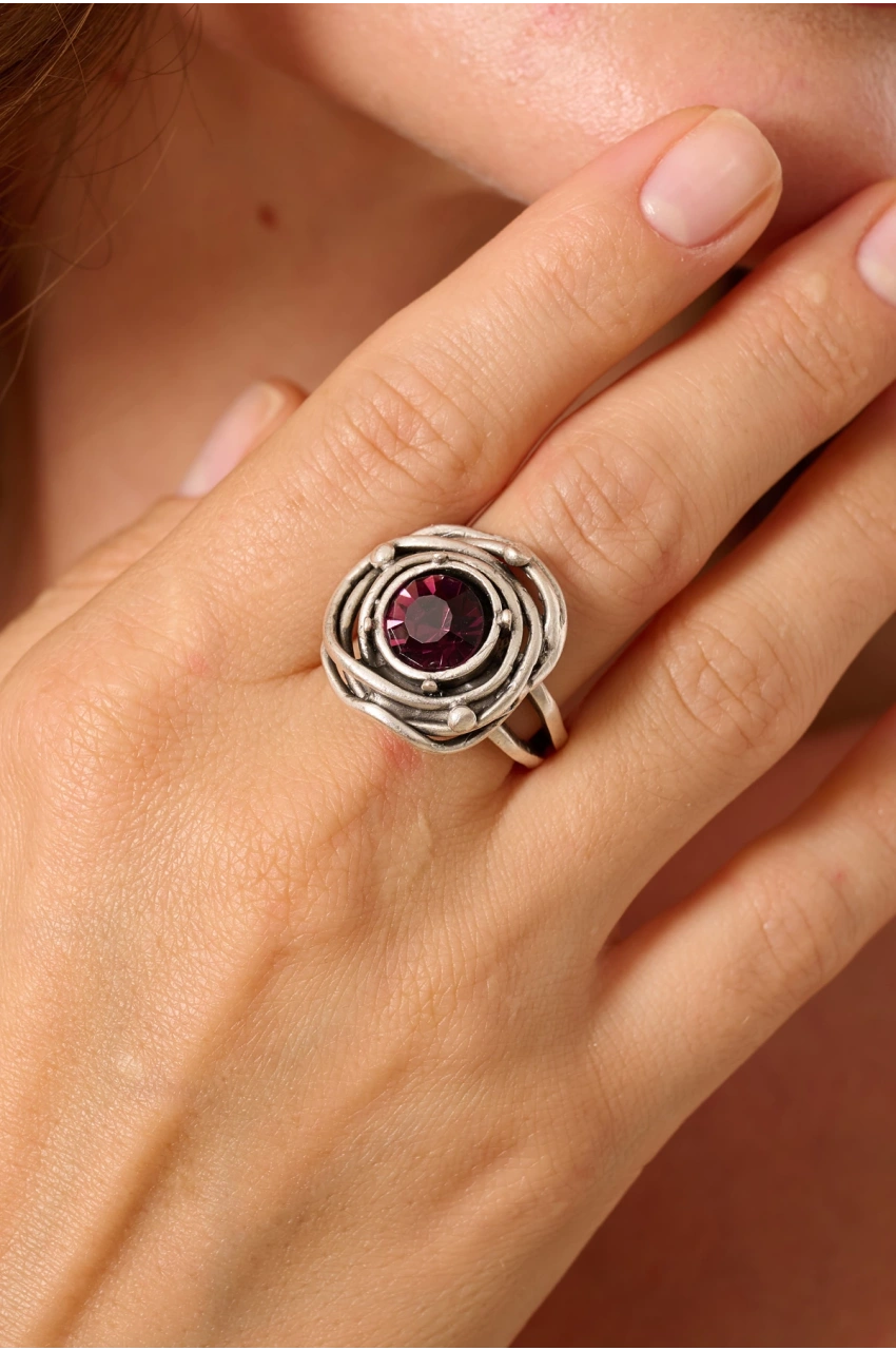 Kiraz Purple Crystal Stoned Silver Plated Ring