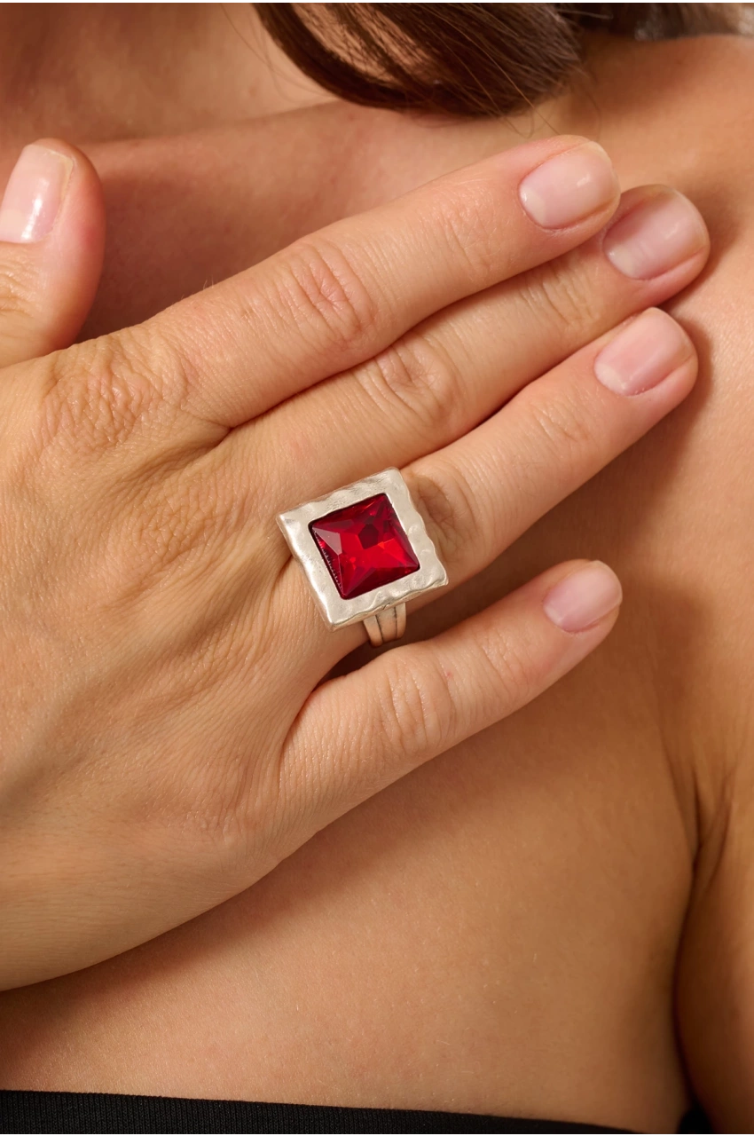 Kiraz Burgundy Crystal Stoned Silver Plated Ring