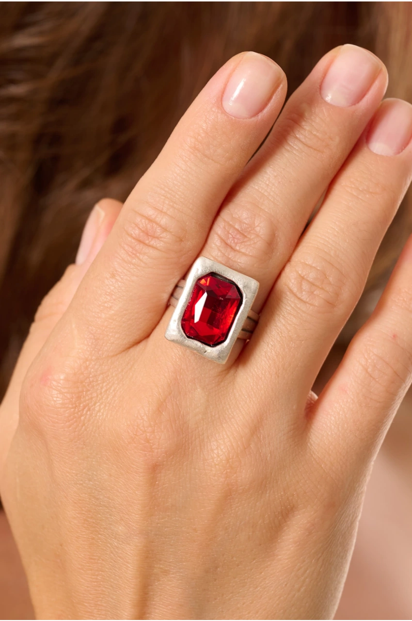 Kiraz Burgundy Crystal Stoned Silver Plated Ring