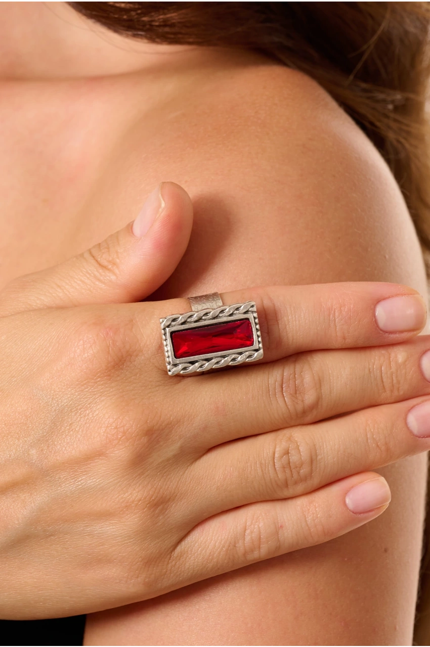 Kiraz Burgundy Crystal Stoned Silver Plated Ring