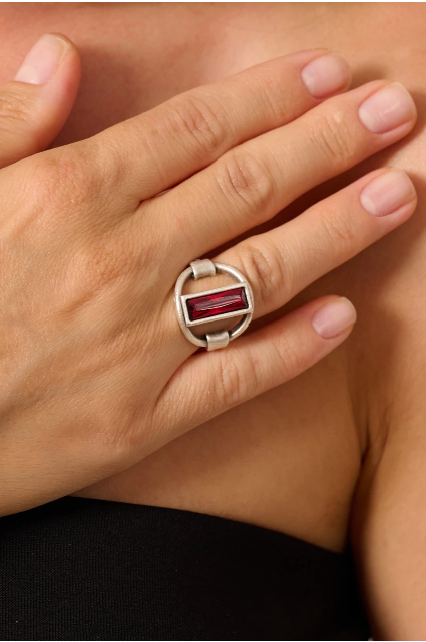 Kiraz Burdungy Crystal Stoned Silver Plated Ring