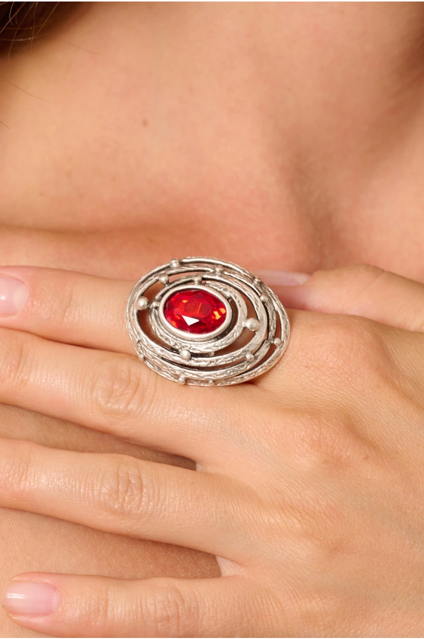 Kiraz Red Crystal Stoned Silver Plated Ring