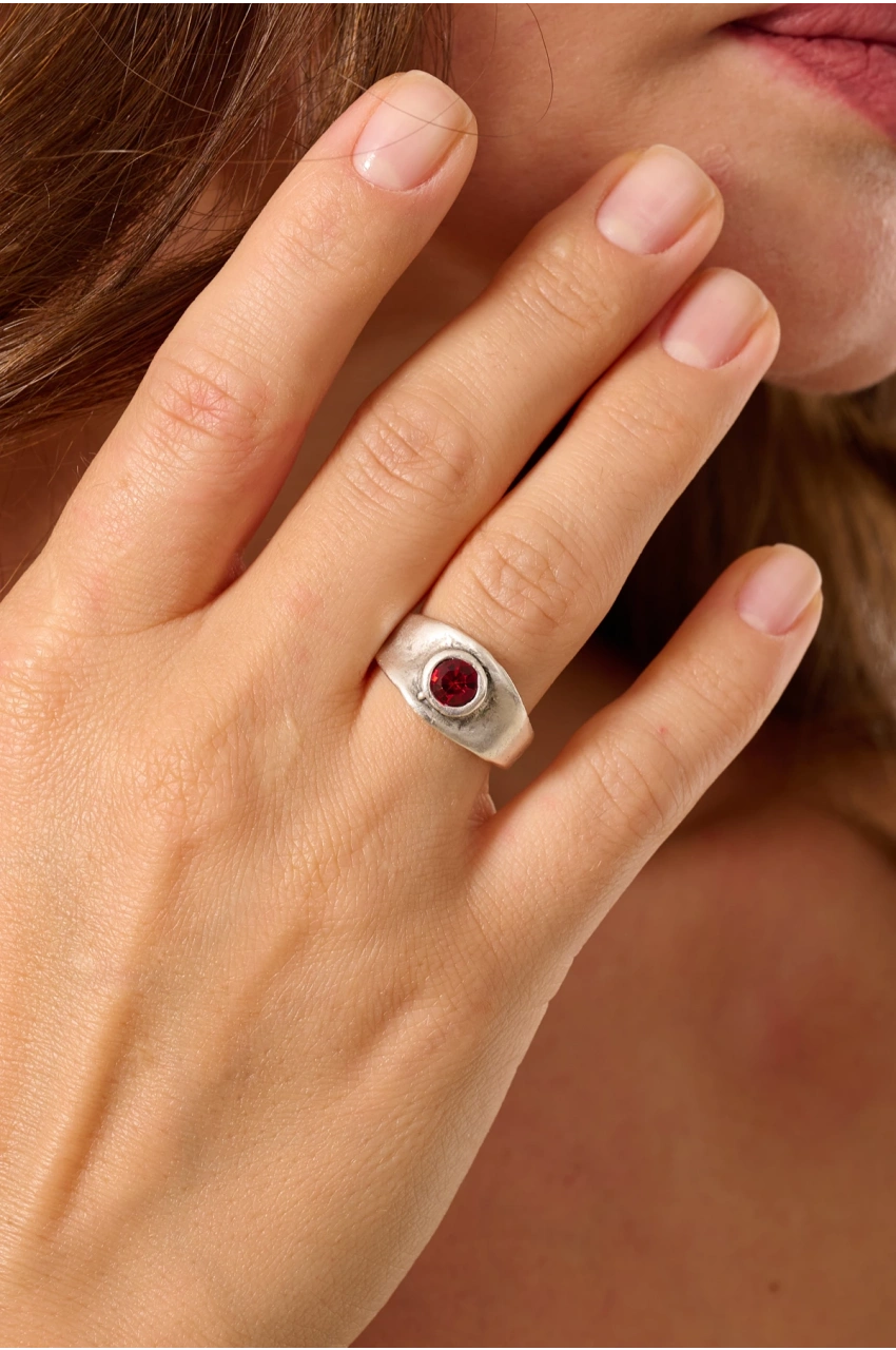 Kiraz Burgundy Crystal Stoned Silver Plated Ring