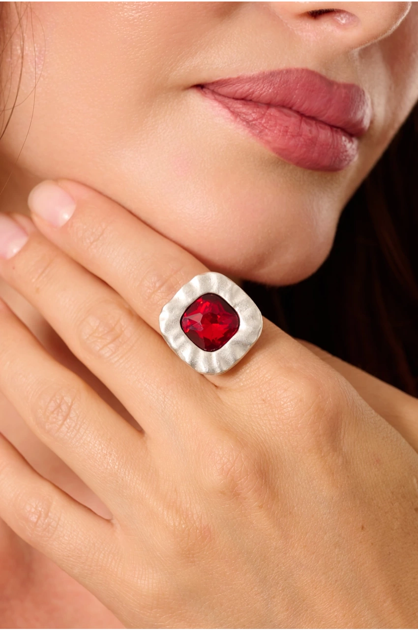 Kiraz Burgundy Crystal Stoned Silver Plated Ring