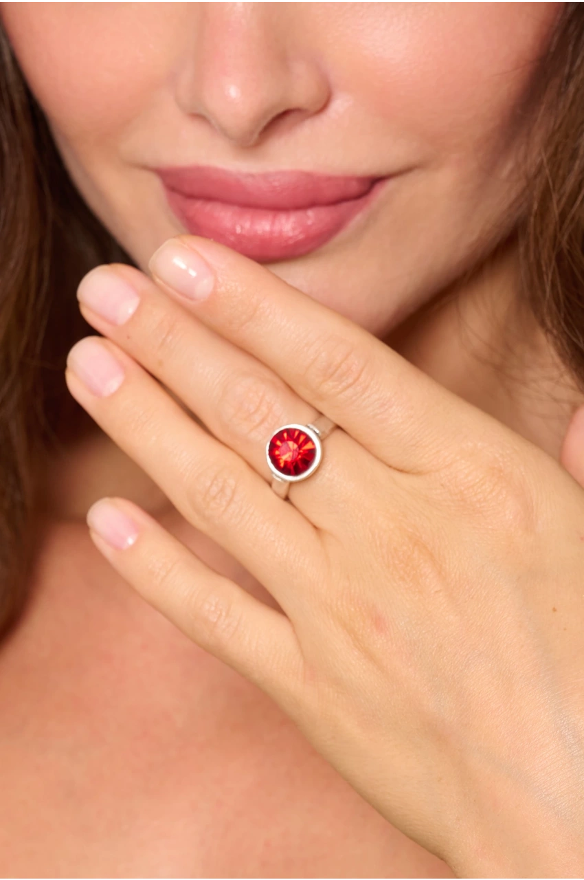 Kiraz Burgundy Stoned Crystal Silver Plated Ring