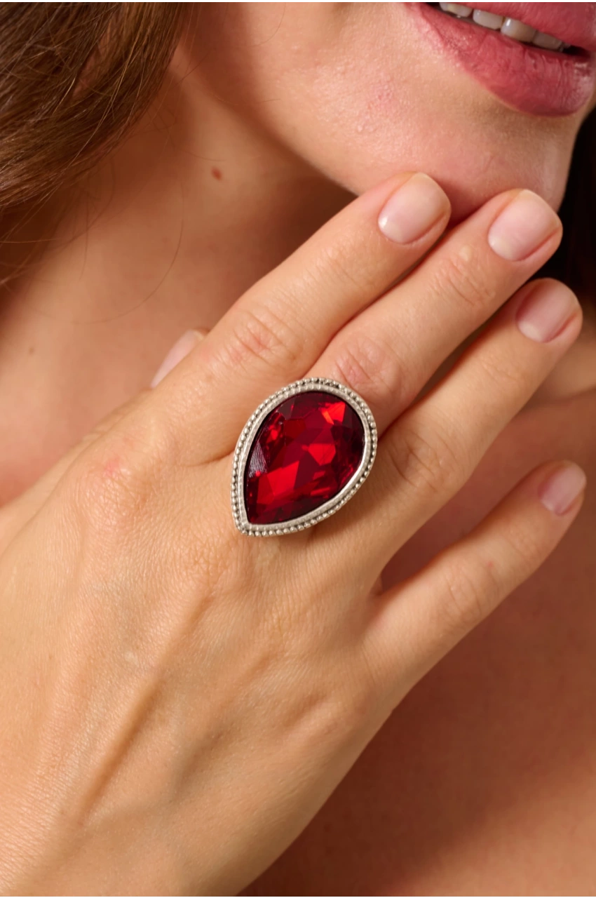Kiraz Burgundy Crystal Stoned Silver Plated Ring