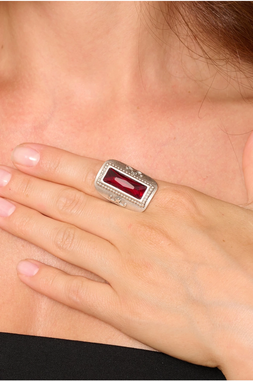 Kiraz Burgundy Crystal Stoned Silver Plated Ring