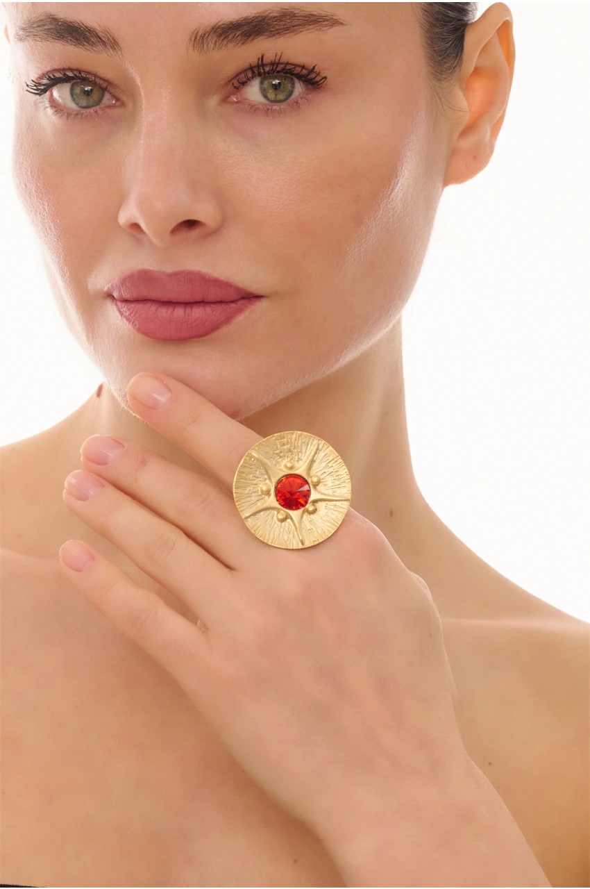 Kiraz Red Crystal Stoned Gold Plated Ring