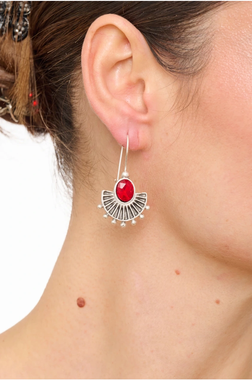Kiraz Red Crystal Stoned Silver Plated Earring