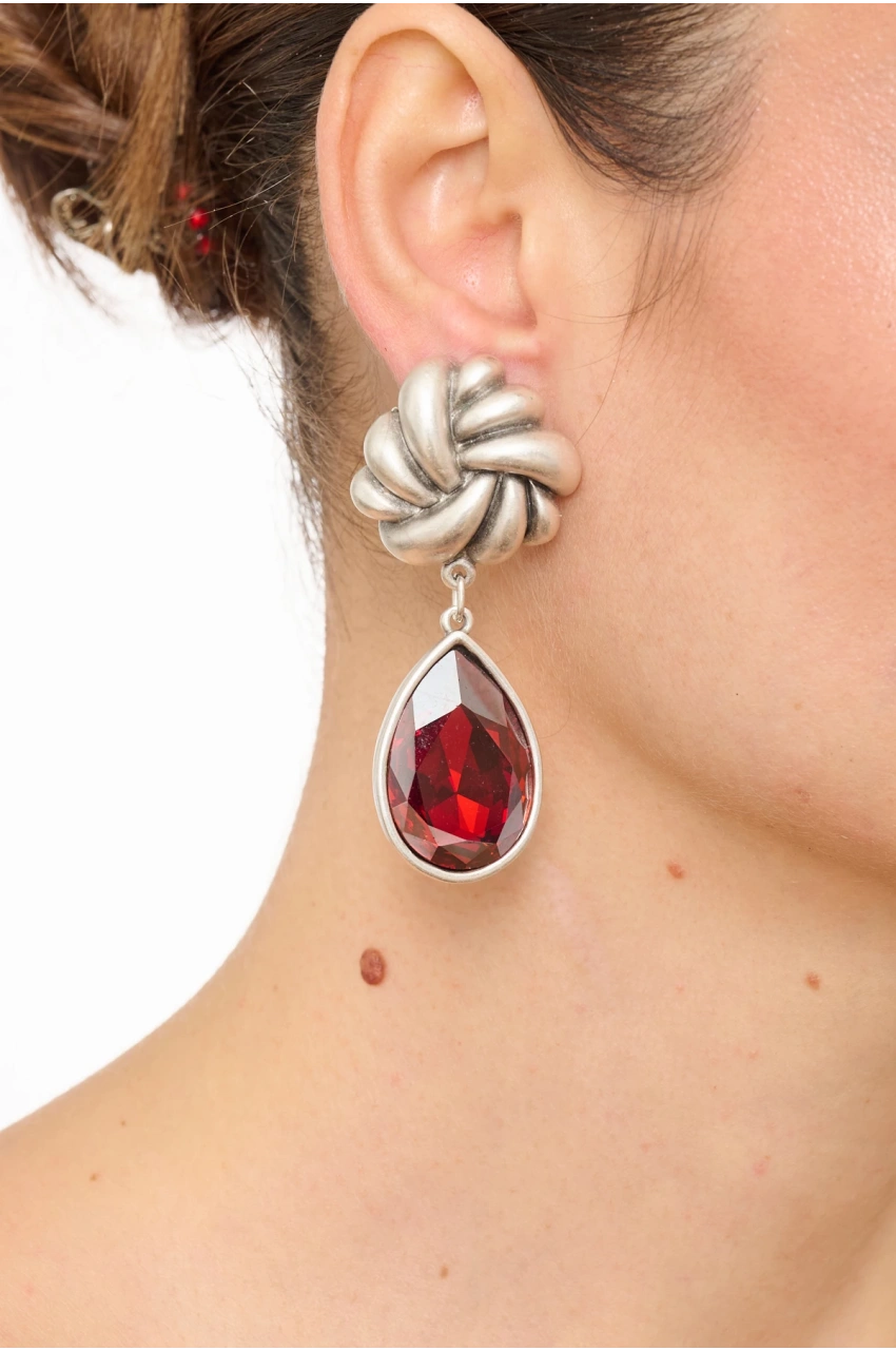 Kiraz Red Crystal Stoned Silver Plated Earring