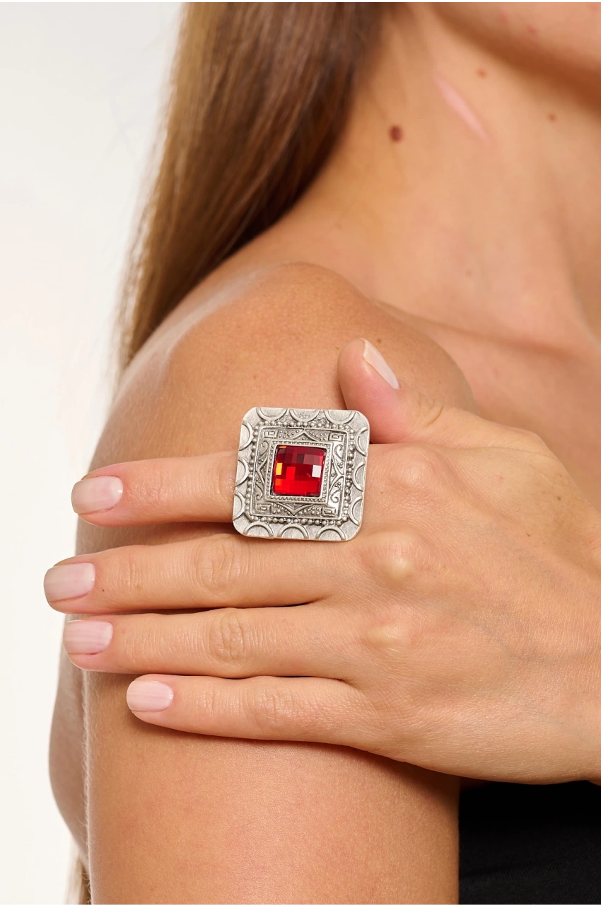 Kiraz Red Crystal Stoned Silver Plated Ring