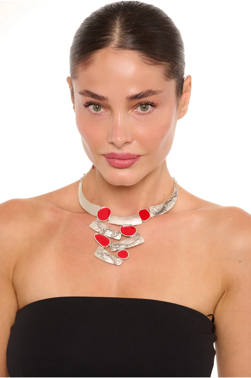 Kiraz Red Enemaled Silver Plated Necklace