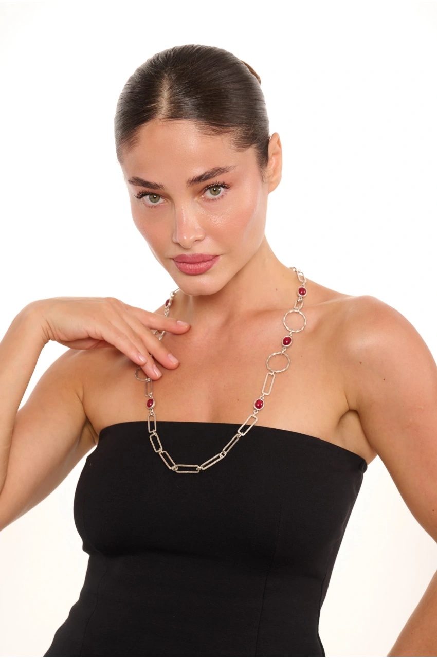 Kiraz Burgundy Stoned Silver Plated Necklace