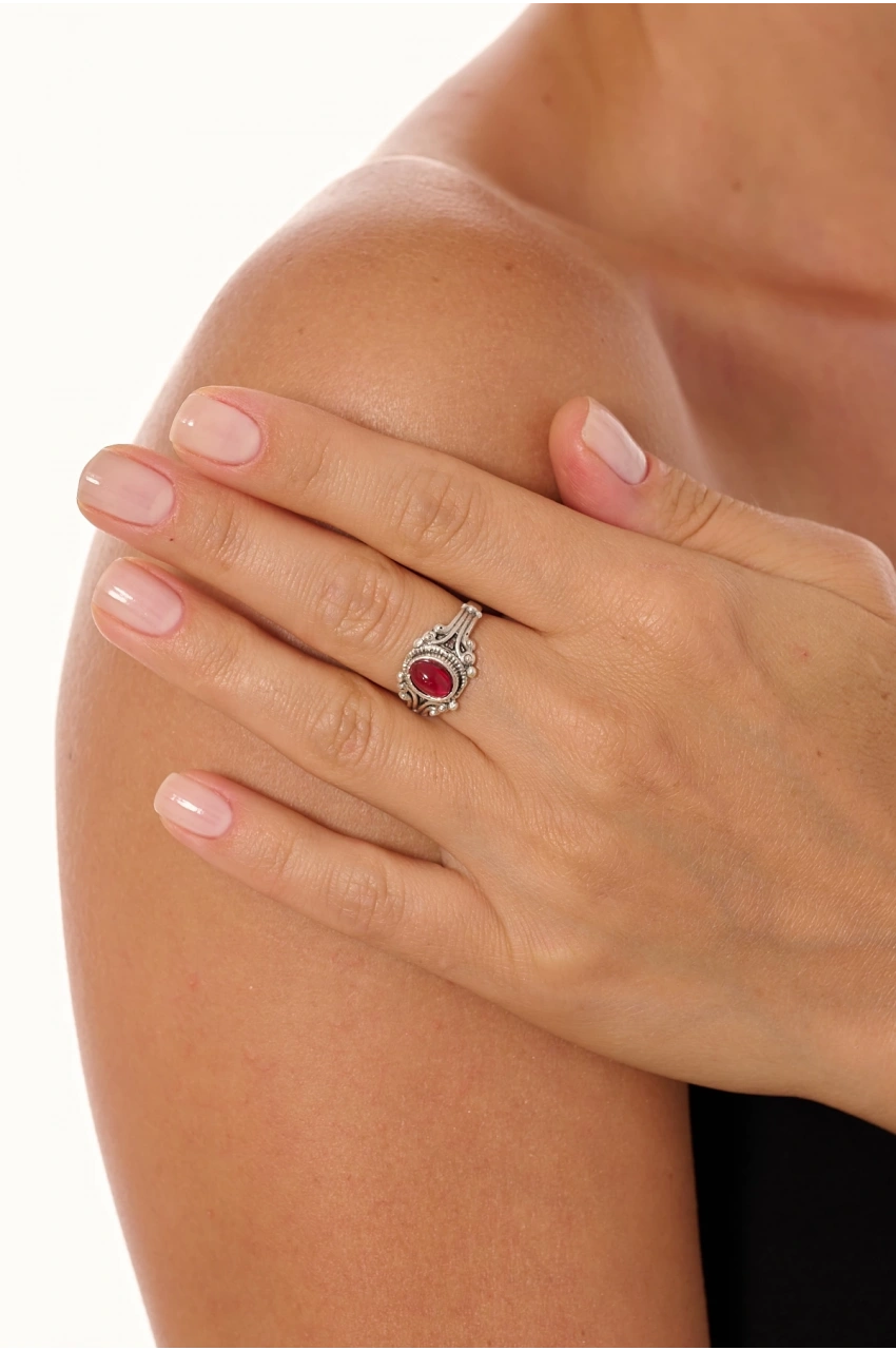 Kiraz Burgundy Stoned Silver Plated Ring