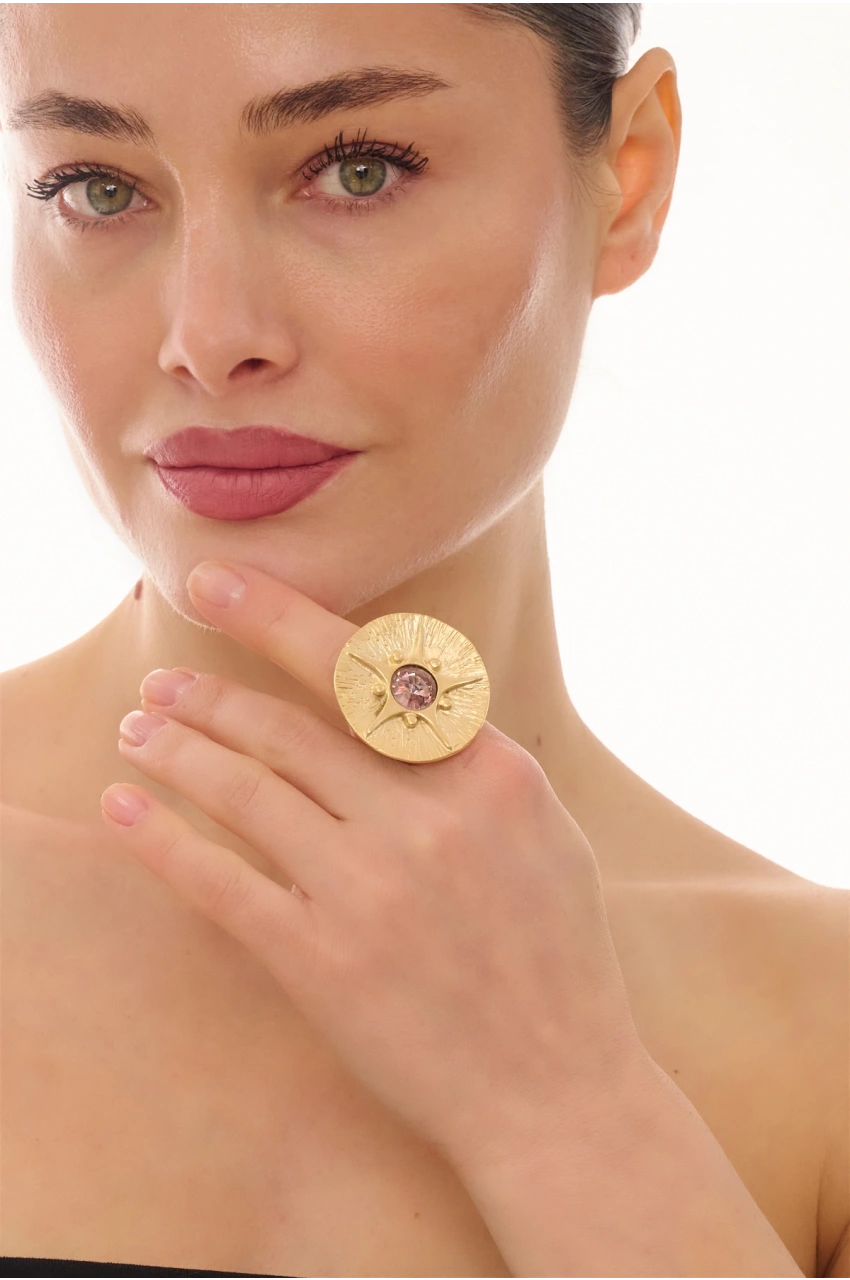 Kiraz Rose Color Crystal Stoned Gold Plated Ring