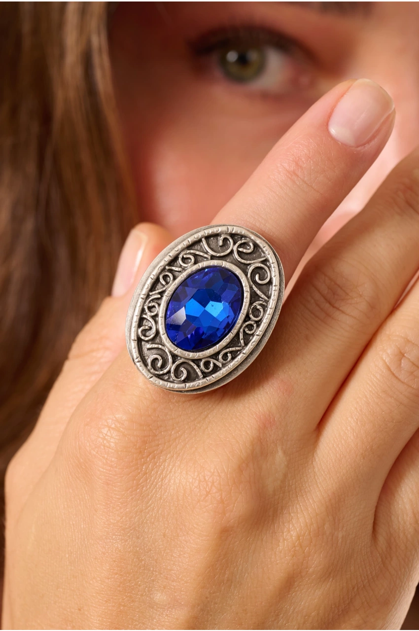 Kiraz Blue Crystal Stoned Silver Plated Ring
