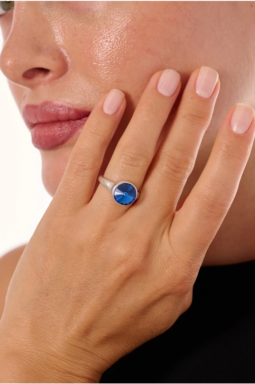 Kiraz Navy Blue Crystal Stoned Silver Plated Ring