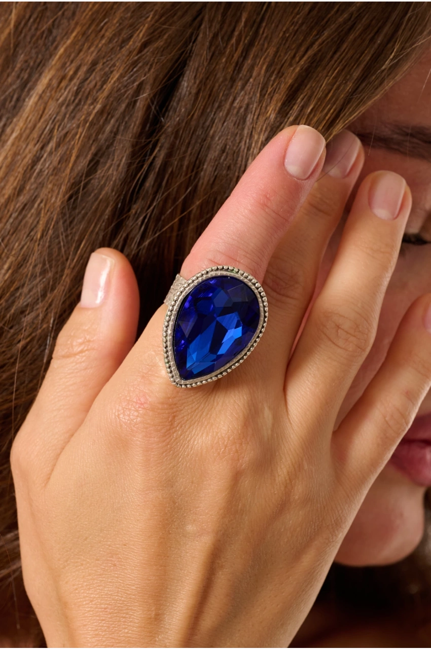 Kiraz Blue Crystal Stoned Silver Plated Ring