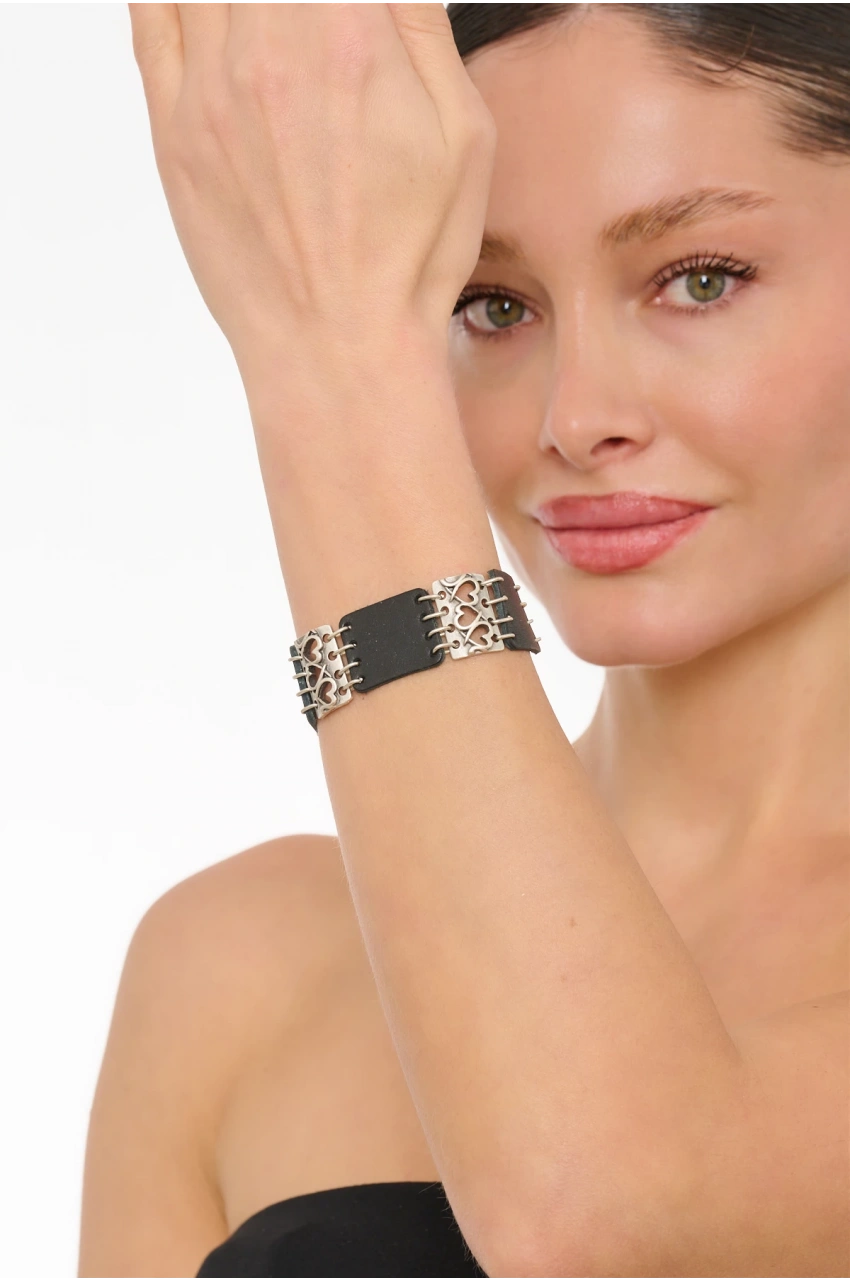 Kiraz Leather Silver Plated Heart Bracelet