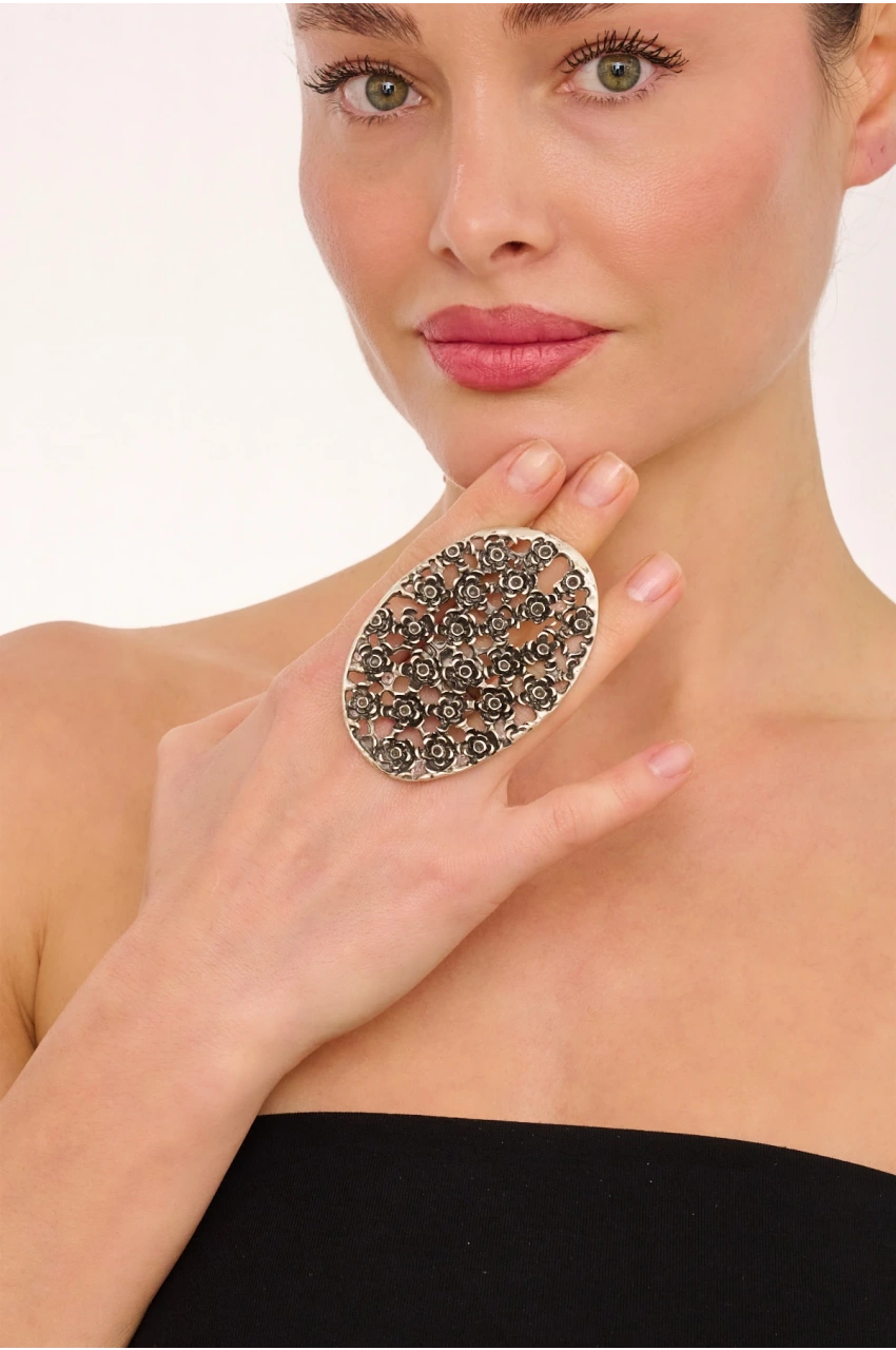 Kiraz Silver Plated Multi Flowers Ring